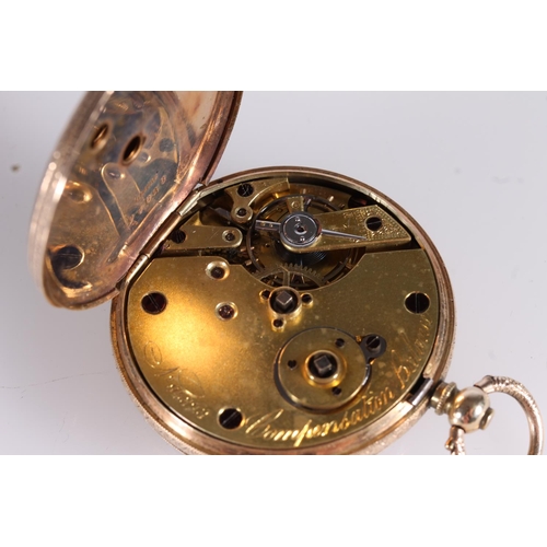 202 - Early 20thC ladies 14kt gold pocket watch, the champagne dial with roman numerals, beaded minute mar... 