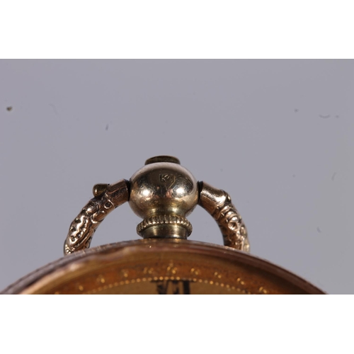 202 - Early 20thC ladies 14kt gold pocket watch, the champagne dial with roman numerals, beaded minute mar... 