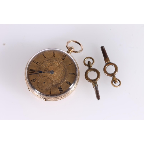 203 - Early 20thC ladies 14kt gold pocket watch, the champagne dial with roman numerals, beaded minute mar... 