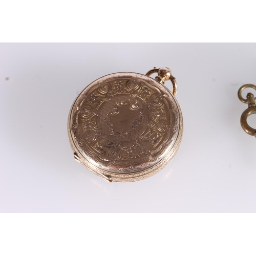 203 - Early 20thC ladies 14kt gold pocket watch, the champagne dial with roman numerals, beaded minute mar... 