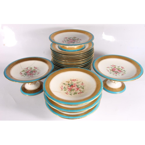 320 - Minton porcelain dessert service, late 19th century, the central fields painted with rose bouquets, ... 