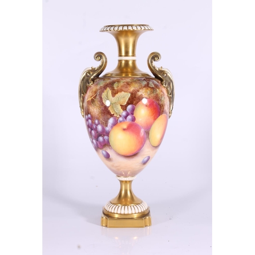 324 - Royal Worcester painted fruit urn, the scattered fruit painted on a mottled background, with gilt hi... 