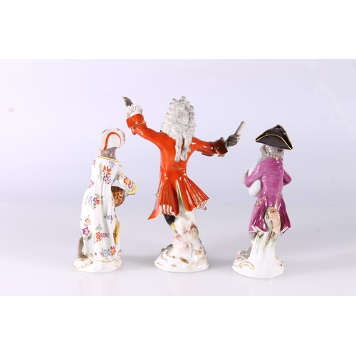 329 - Three Meissen porcelain monkey orchestra figurines, 20th century, consisting of the Conductor and tw... 