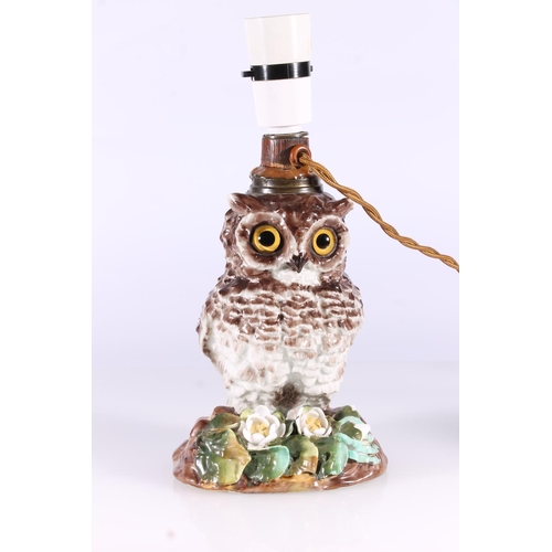 331 - Victorian Staffordshire porcelain oil lamp base realistically modelled as an owl, later converted fo... 