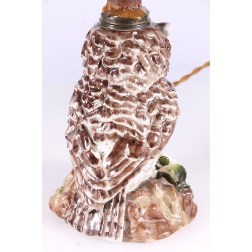 331 - Victorian Staffordshire porcelain oil lamp base realistically modelled as an owl, later converted fo... 