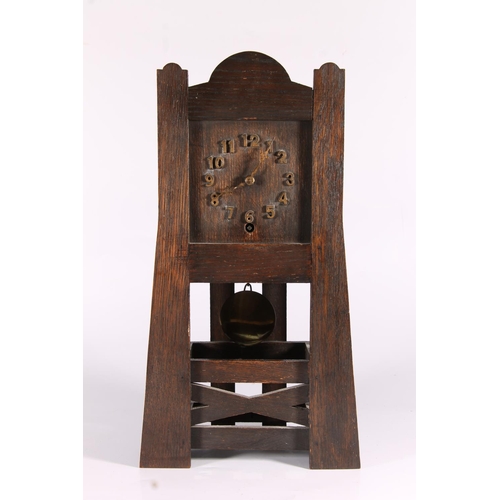 343 - American mission style Arts and Crafts oak framed mantel clock, c1920, the castellated planked taper... 