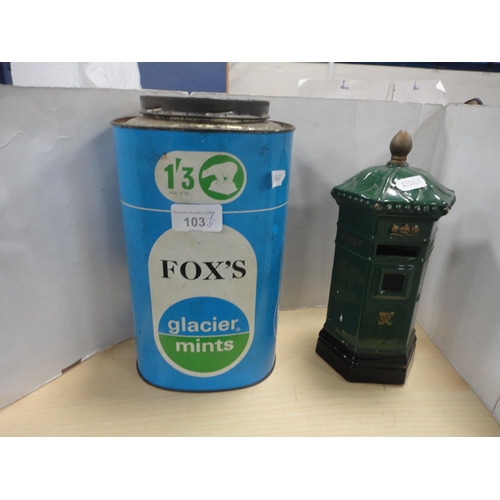 103 - Fox's Glacier Mints tin, Country House Collection tin in the form of a postbox, commemorative cup an... 