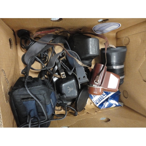 110 - Carton containing cameras to include digital camera, lenses and accessories etc., also a Sony Watchm... 