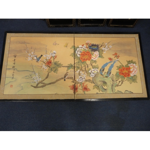 14 - Three reproduction japanned lacquered panels with applied decoration of Geisha, a folding Chinese-st... 