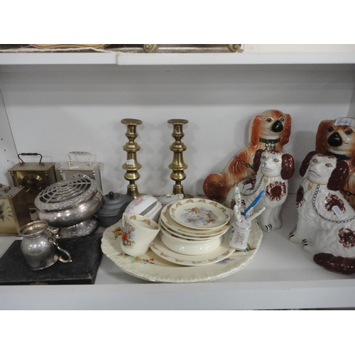 165 - Carriage clocks, EP teaspoons and tongs, Royal Doulton Bunnykins nursery wares, wally dogs, mantel v... 