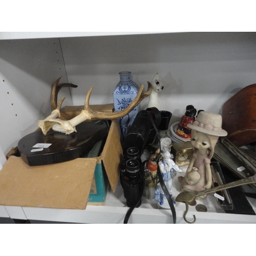 166 - Two pairs of binoculars, bellows, stereoscopic viewer and cards, hip flask, set of antlers mounted o... 