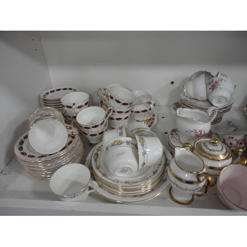 168 - Collection of assorted teawares to include Plant Tuscan, Paragon 'Elegance' pattern etc (one shelf).