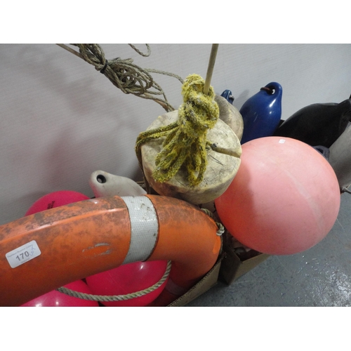 170 - Two cartons containing a large quantity of boat accessories to include marker buoys, life ring and m... 