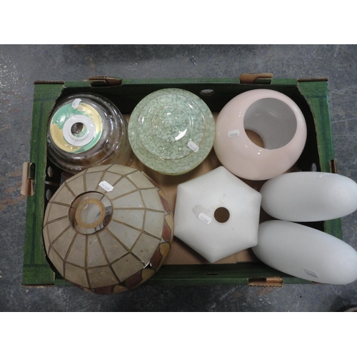 182 - Two cartons containing assorted table, wall and ceiling light shades to include mottled glass exampl... 