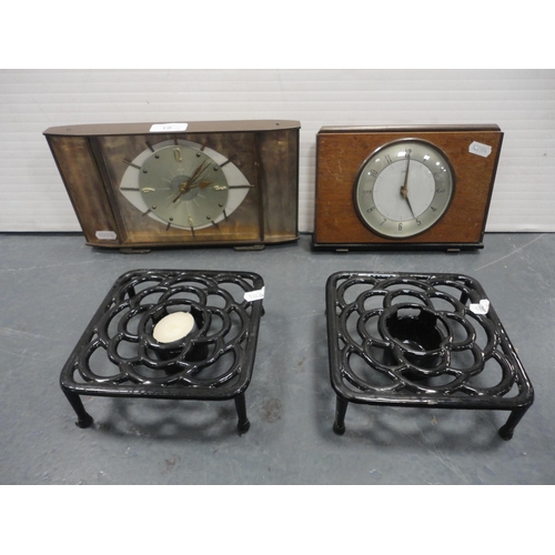 19 - Two Metamec mantel clocks and a pair of painted metal candle stands.