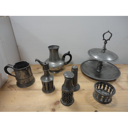 190 - Group of pewter and copper to include tankard, teapots, jars, jug etc.