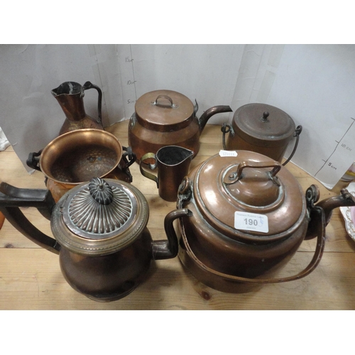 190 - Group of pewter and copper to include tankard, teapots, jars, jug etc.