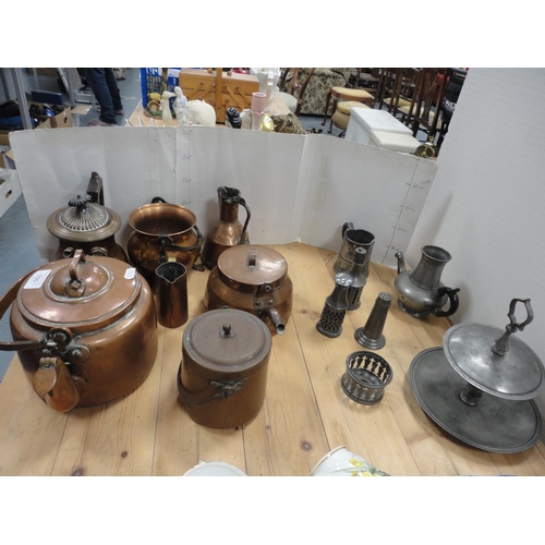 190 - Group of pewter and copper to include tankard, teapots, jars, jug etc.