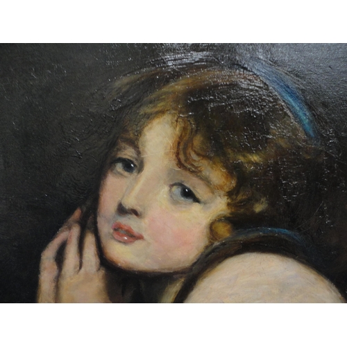 2 - Portrait of a girl with a blue headband, quarter length, unsigned, oil on canvas, indistinct inscrip... 