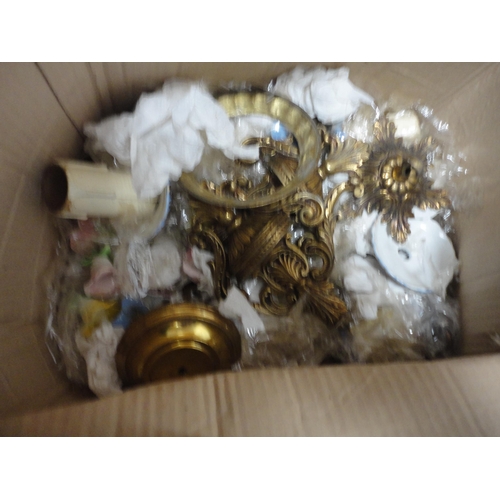 200 - Carton containing gilt metal and ceramic ceiling light parts.