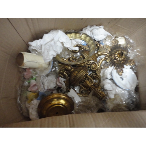 200 - Carton containing gilt metal and ceramic ceiling light parts.