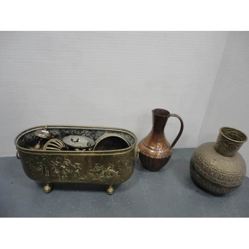 201 - Carton containing assorted brass and copper to include an Indian vase, jardinière, various ornaments... 