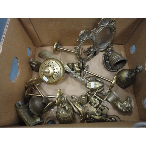 201 - Carton containing assorted brass and copper to include an Indian vase, jardinière, various ornaments... 