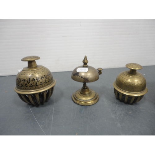 201 - Carton containing assorted brass and copper to include an Indian vase, jardinière, various ornaments... 