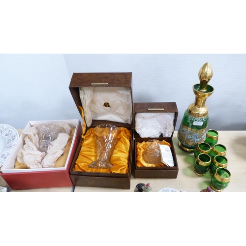 206 - Large quantity of china, ceramics and glass to include a green glass liqueur set, boxed Edinburgh Cr... 