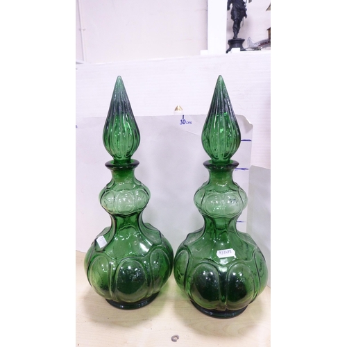 210 - Opaque glass vase with gilt decoration, and a pair of hobnail-cut green glass decanters and stoppers... 