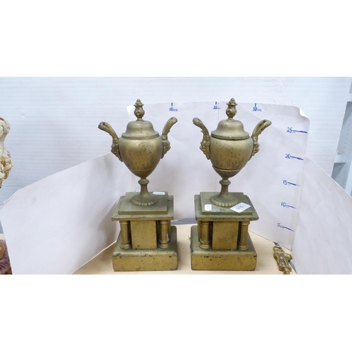 215 - Pair of Victorian painted gilt garniture urns, table bird figures, brass bellows and a toasting fork... 