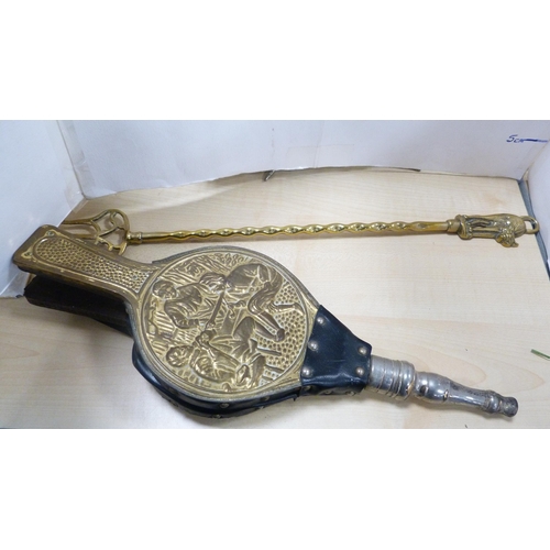 215 - Pair of Victorian painted gilt garniture urns, table bird figures, brass bellows and a toasting fork... 