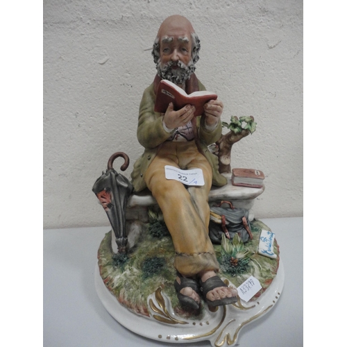 22 - Capodimonte figure group in the form of a man reading on a bench and three other similar figures.&nb... 