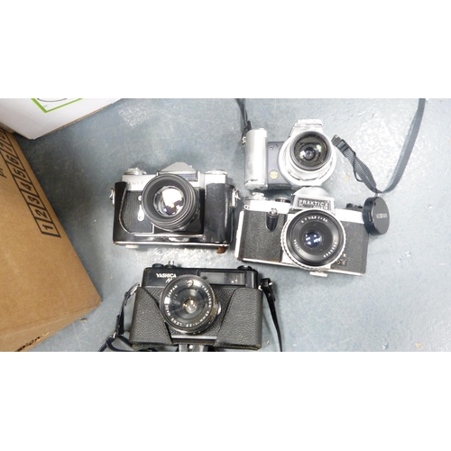 225 - Two cartons containing a large quantity of cameras and accessories to include a Yashica MG1, Praktic... 