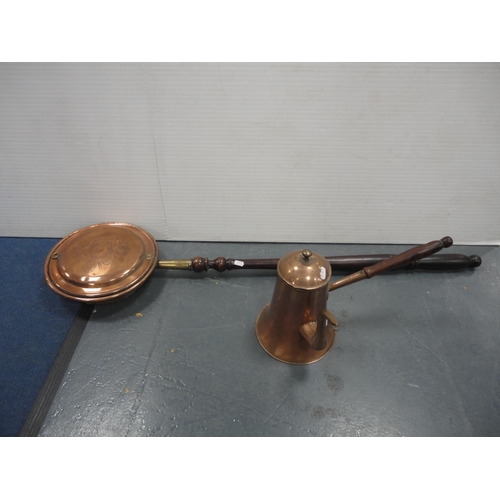 23 - Antique copper chocolate pot and a copper and brass bed warming pan.  (2)