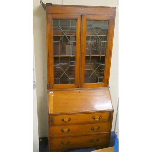 394 - Edwardian mahogany bureau bookcase, astragal doors to upper section..