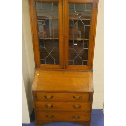 394 - Edwardian mahogany bureau bookcase, astragal doors to upper section..