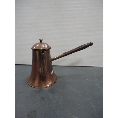 23 - Antique copper chocolate pot and a copper and brass bed warming pan.  (2)