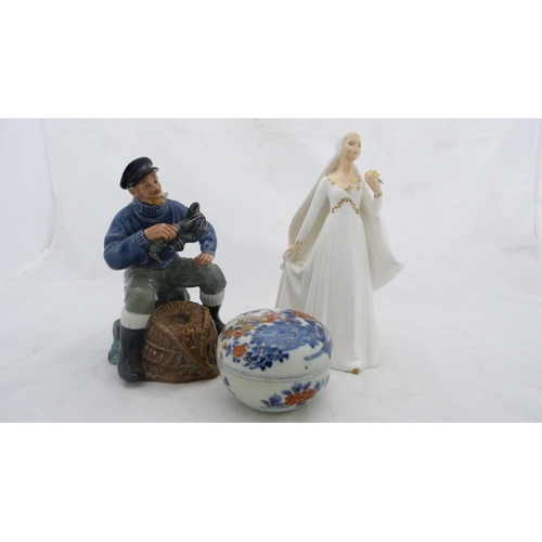 241 - Two Royal Doulton figures, 'The Lobsterman' and 'Bride', and a Japanese Fukagawa-style jar and cover... 