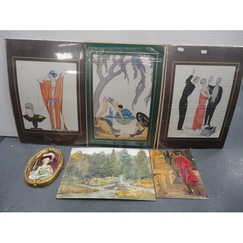 27 - Box containing assorted pictures and frames to include Oriental-style examples, woodland scene oil o... 