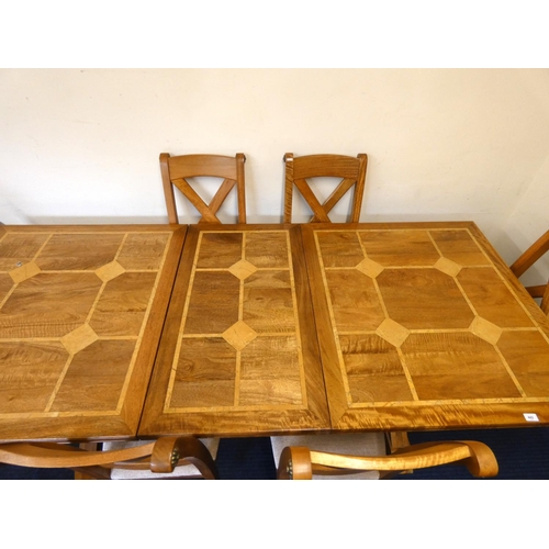 402 - Very large modern extending oak inlaid table with cross supporting legs and six matching chairs.L.23... 