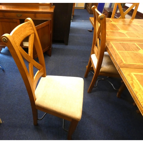 402 - Very large modern extending oak inlaid table with cross supporting legs and six matching chairs.L.23... 