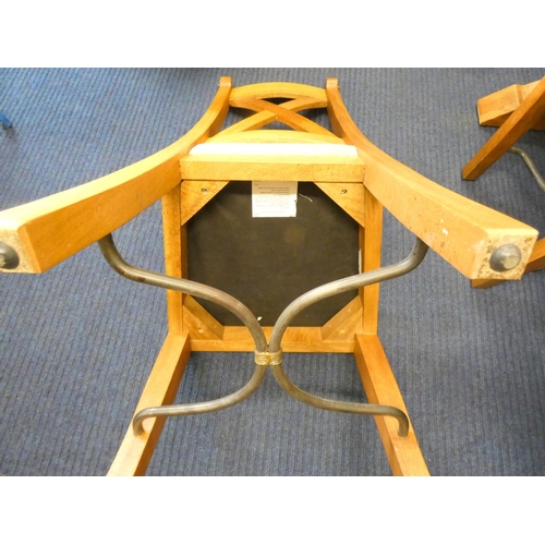 402 - Very large modern extending oak inlaid table with cross supporting legs and six matching chairs.L.23... 