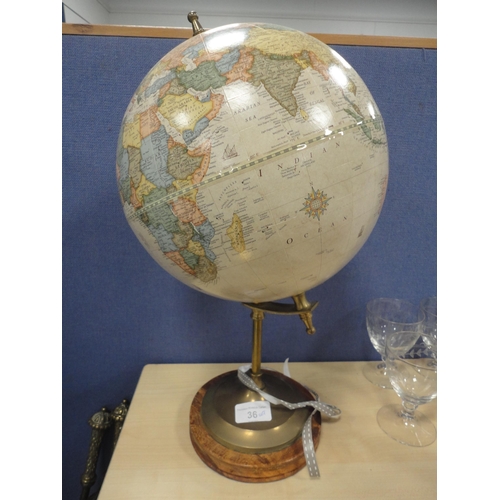 36 - Table globe on brass mount, glassware to include a ruby flash-cut jar and cover, brass door plates, ... 