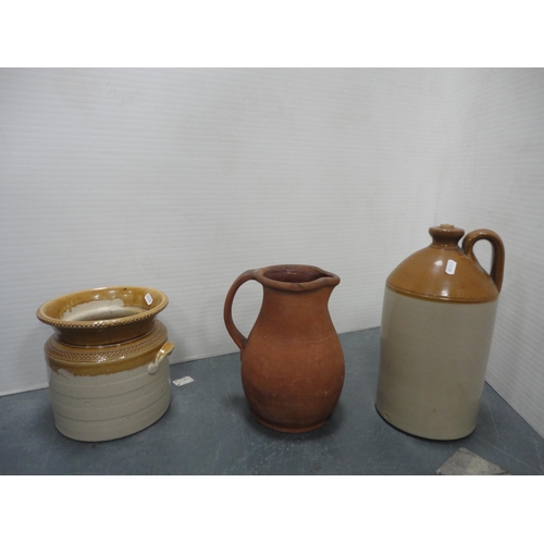 39 - Carton containing various stoneware jars, flagon, terracotta jug, wooden frame, painted wooden silho... 