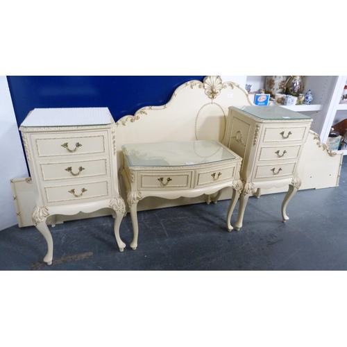 415 - French-style cream-painted bedroom suite comprising a long chest, headboard, pair of bedside cabinet... 