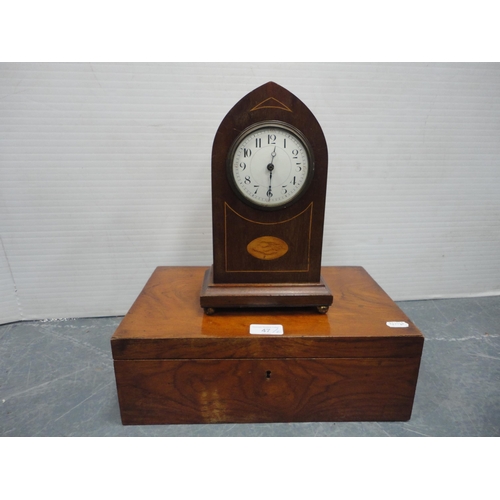47 - Victorian writing slope and an Edwardian inlaid mahogany lancet-shaped mantel clock (missing dial co... 