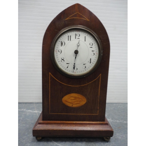 47 - Victorian writing slope and an Edwardian inlaid mahogany lancet-shaped mantel clock (missing dial co... 