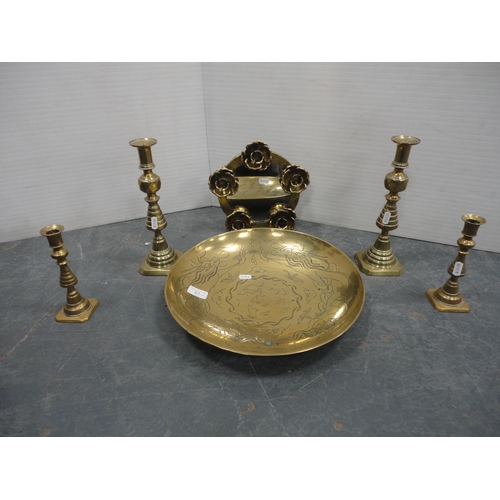 61 - Oriental brass dish, two pairs of brass candlesticks, mirror, copper travelling flask etc., containe... 