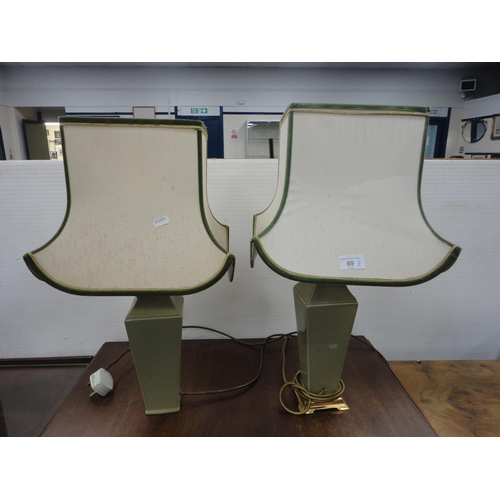 69 - Pair of modern Chinese-style celadon table lamps with shades, one example lacking its stand.